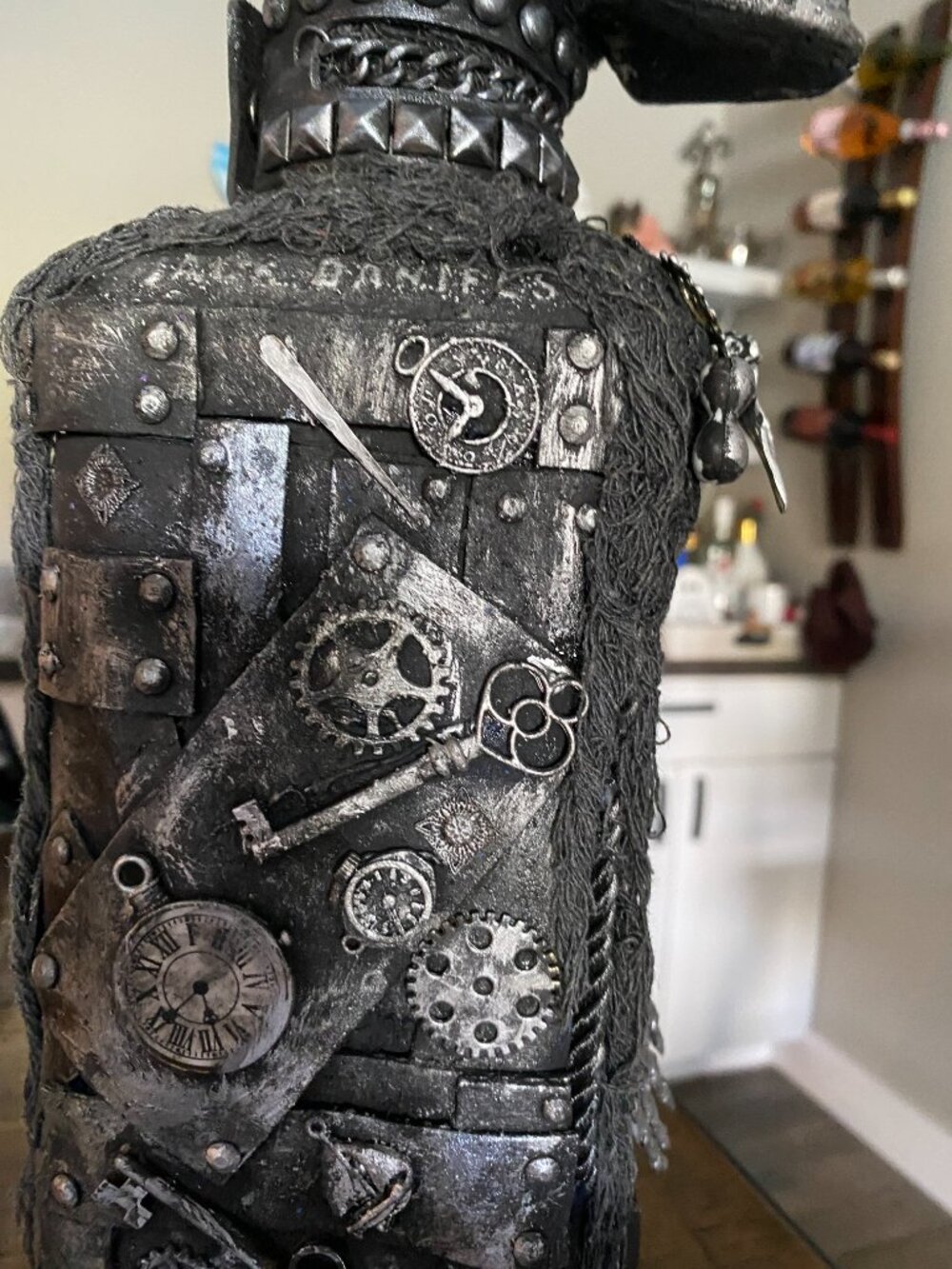 Steampunk, Goth/Skeleton-Style Upcycled Jack Daniels Bottle - Picture 4 of 7